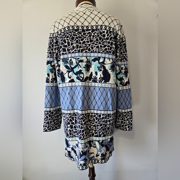 OLSEN Blue And Cream Heavyweight Cotton Blend Patterned Long Cardigan. Size 12 - Picture 7 of 15